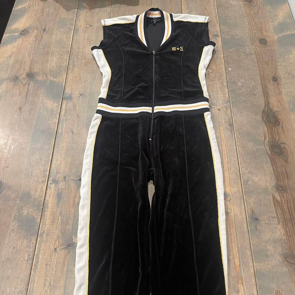 BEBE SPORTS Women’s Sleeveless Front Zip Velour Black Jogger Jumpsuit Pants Sz:S